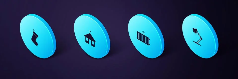 Set Isometric Table lamp, Heating radiator, Church building and Christmas soc Ilustración de archivo