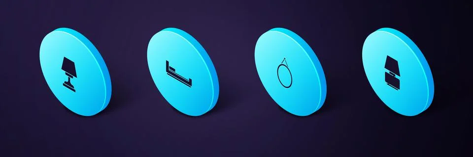 Set Isometric Table lamp, Mirror, Bed and icon. Vector Illustrazione stock