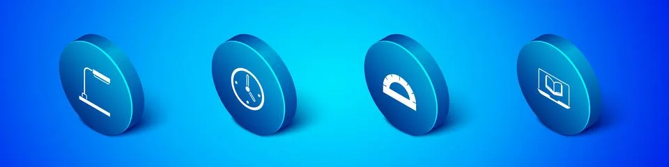 Set Isometric Table lamp, Protractor grid, Online class and Clock icon. Vector Ilustración de archivo