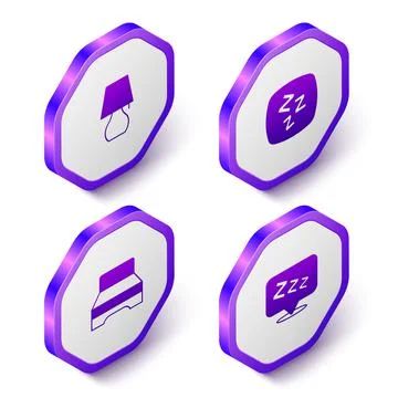 Set Isometric Table lamp, Sleepy, Big bed and  icon. Purple hexagon button. V Stock Illustration