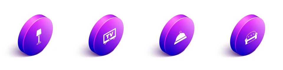 Set Isometric Table lamp, Smart Tv, Covered with tray of food and Sofa icon Ilustração Stock