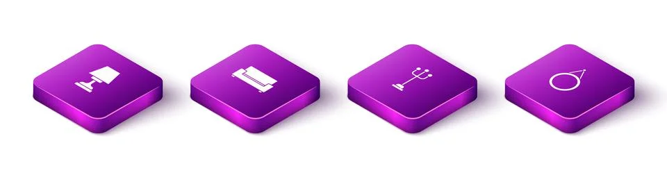 Set Isometric Table lamp, Sofa, Coat stand and Mirror icon. Vector Ilustração Stock