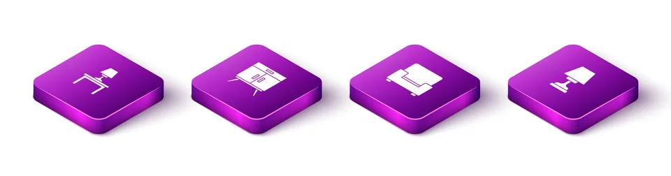 Set Isometric Table lamp on table, Chest of drawers, Armchair and  icon. Vect Stock Illustration