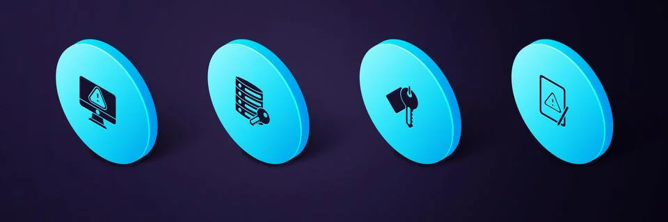 Set Isometric Tablet with exclamation mark, Marked key, Server security and Stock Illustration