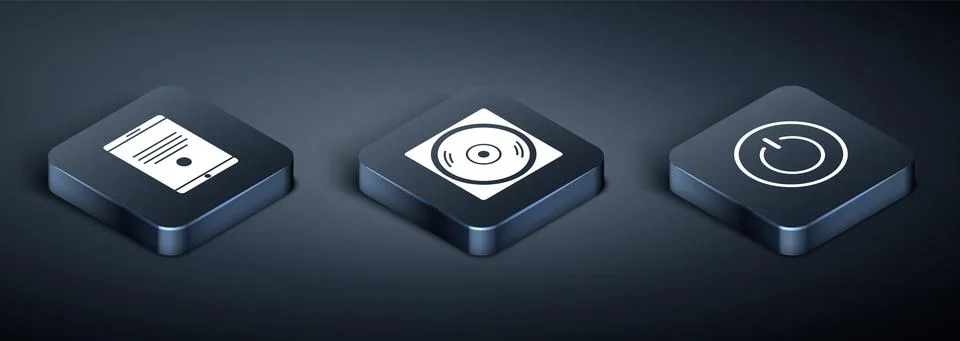 Set Isometric Tablet, Power button and Vinyl disk icon. Vector Stock Illustration