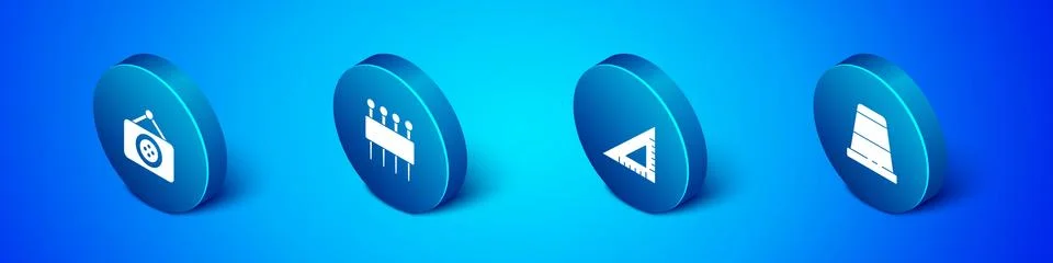 Set Isometric Tailor shop, Triangular ruler, Thimble for sewing and Needle icon Ilustración de archivo