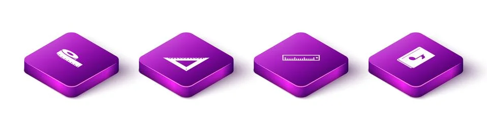 Set Isometric Tape measure, Triangular ruler, Ruler and Audio book icon. Vector Stock Illustration