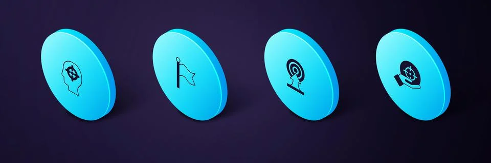 Set Isometric Target, with arrow, Flag and Head hunting icon. Vector Stock Illustration