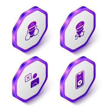 Set Isometric Taxi driver, service rating, and mobile app icon. Purple hexagon Illustrazione stock