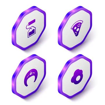 Set Isometric Tea bag, Slice of pizza, Fish steak and Scrambled egg icon. Pur Stock Illustration