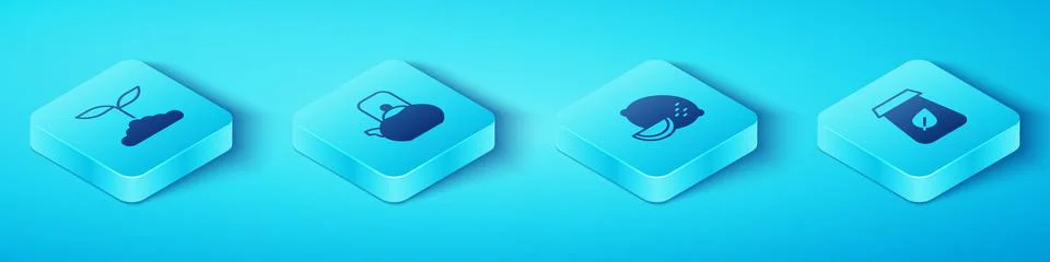 Set Isometric Tea leaf, Kettle with handle, packaging and Lemon icon. Vector Stock Illustration