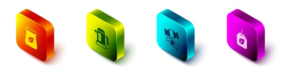 Set Isometric Tea packaging, Electric kettle, Candy and bag with leaf icon Illustration