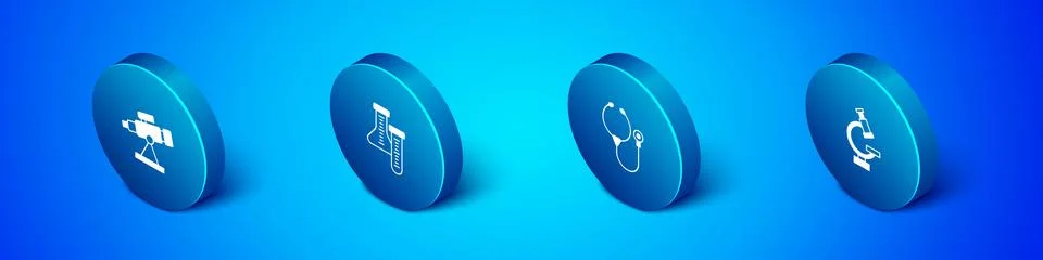 Set Isometric Telescope, Stethoscope, Microscope and Test tube icon. Vector Stockillustratie