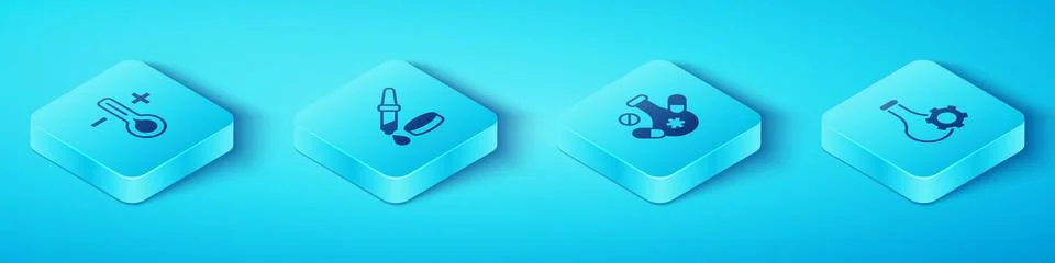 Set Isometric Thermometer, Pipette, Test tube and Medicine pill icon. Vector Illustrazione stock