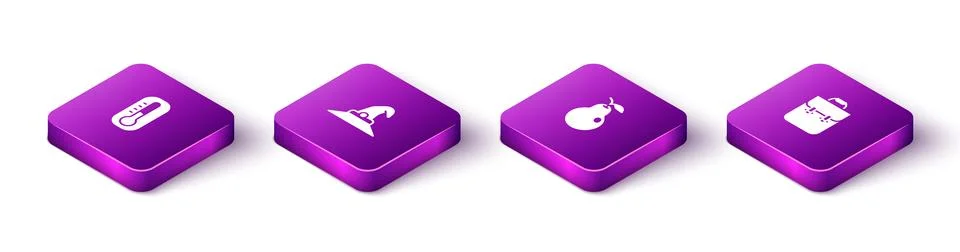 Set Isometric Thermometer, Witch hat, Pear and School backpack icon. Vector Illustrazione stock