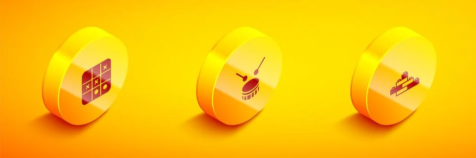 Set Isometric Tic tac toe game, Drum with drum sticks and Toy building block Ilustración de archivo