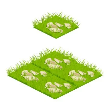 Set isometric tile lawn map elements grass, stones in cartoon style isolated on Stock Illustration