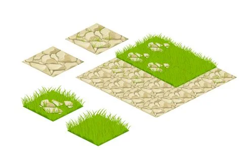 Set isometric tile lawn map elements grass, stones in cartoon style isolated on Stock Illustration