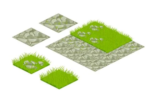 Set isometric tile lawn map elements grass, stones in cartoon style isolated on Stock Illustration