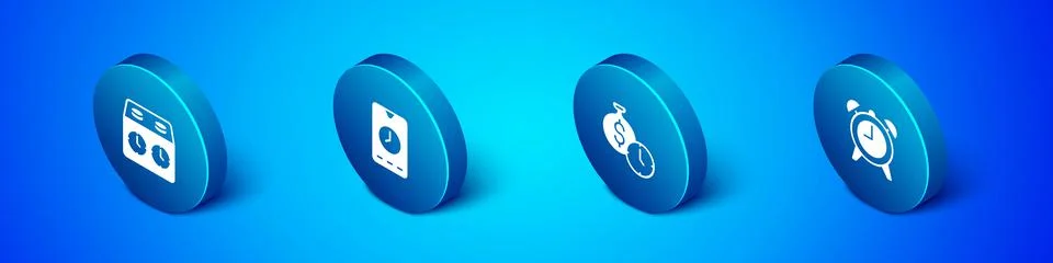 Set Isometric Time chess clock, is money, Alarm and app mobile icon. Vector Illustrazione stock