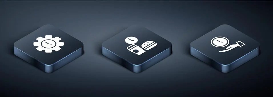 Set Isometric Time Management, Clock and Fast food time icon. Vector Stock Illustration