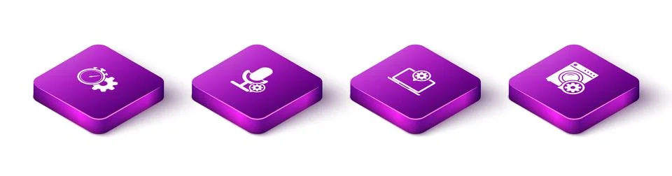 Set Isometric Time management setting, Microphone, Laptop and Washer icon. Ve Stock Illustration