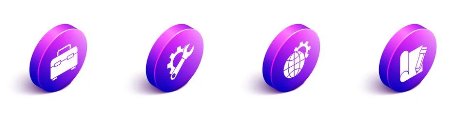 Set Isometric Toolbox, Wrench spanner and gear, Globe of the Earth and gear a Illustrazione stock