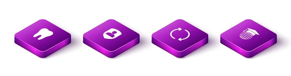 Set Isometric Tooth, User protection, Refresh and Graduation cap globe icon.  Stock Illustration