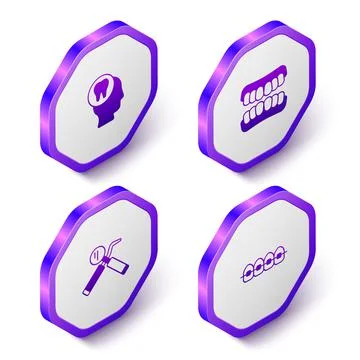 Set Isometric Toothache, Dentures model, Dental mirror and probe and Teeth with Illustrazione stock