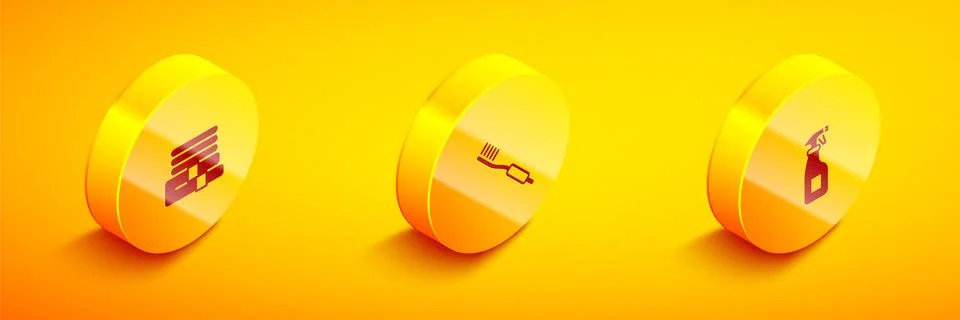 Set Isometric Towel stack, Toothbrush and Cleaning spray bottle icon. Vector Stock Illustration