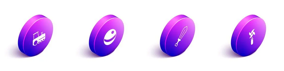 Set Isometric Toy train, Beach ball, Sword toy and Pinwheel icon. Vector Stock Illustration