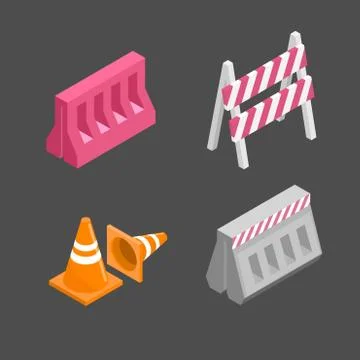 Set of isometric traffic barriers for road repair. Under construction signs. Stock Illustration
