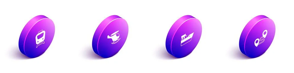 Set Isometric Train, Helicopter, Ship line path and Route location icon. Vector Stock Illustration