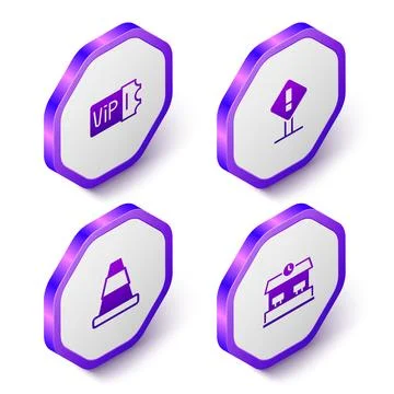 Set Isometric Train ticket, Exclamation mark square, Traffic cone and Railway Stock Illustration