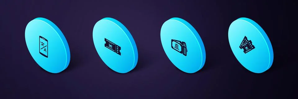 Set Isometric Train ticket, Museum,  and Online translator icon. Vector Stock Illustration