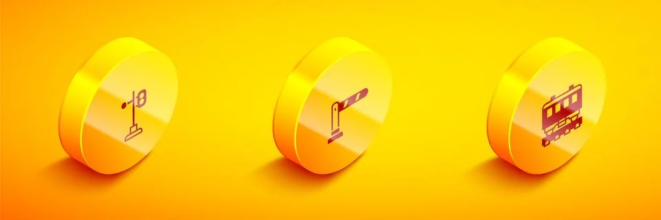 Set Isometric Train traffic light, Railway barrier and Passenger train cars icon Illustrazione stock