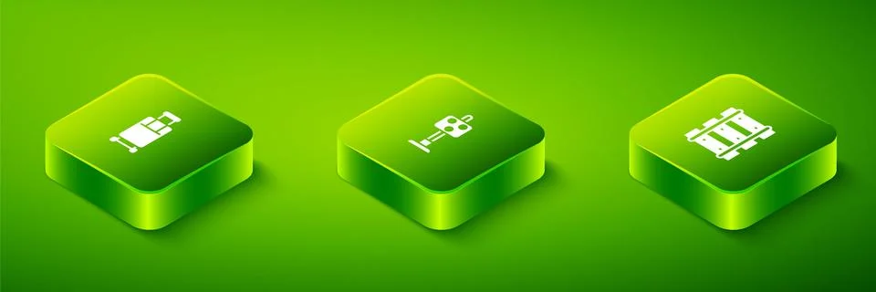 Set Isometric Train traffic light, Railway, railroad track and Suitcase icon Illustration