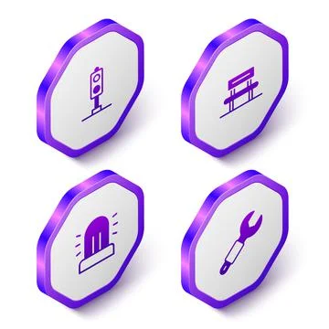 Set Isometric Train traffic light, Waiting hall, Flasher siren and Wrench Illustrazione stock