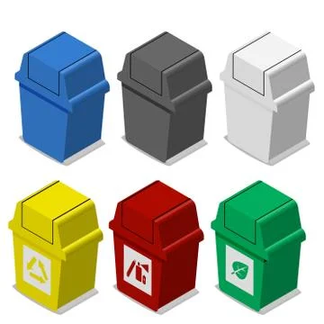Set of isometric Trash bin with symbol in flat icon style Stock Illustration