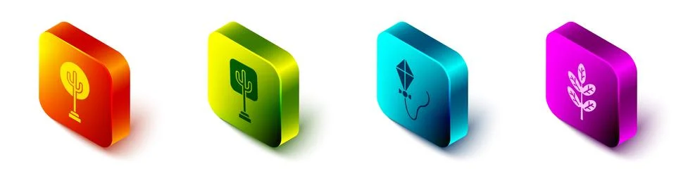 Set Isometric Tree, Tree, Kite and Leaf or leaves icon. Vector Stock Illustration