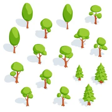 Set of isometric trees. Deciduous and spruce Stock Illustration