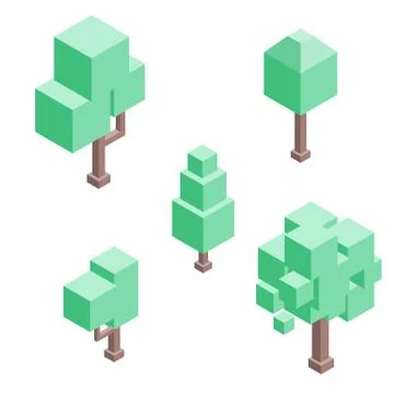 Set of isometric trees. Isolated vector. Stock Illustration