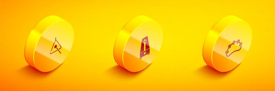 Set Isometric Triangle, Metronome with pendulum and Tambourine icon. Vector Stock Illustration