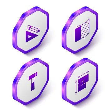 Set Isometric Triangular ruler and pencil, Wallpaper, Hammer and House plan icon 库存插图