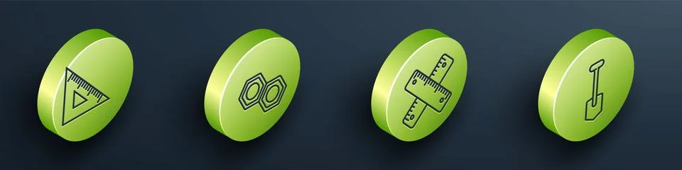 Set Isometric Triangular ruler, Hexagonal metal nut, Crossed ruler and Shovel イラスト素材