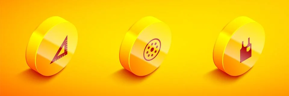 Set Isometric Triangular ruler, Sewing button and Sleeveless T-shirt icon. Ve Illustrazione stock