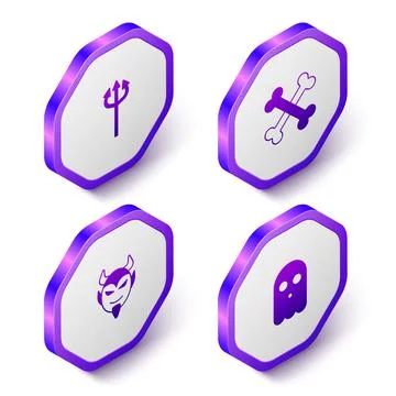 Set Isometric Trident devil, Crossed bones, Devil head and Ghost icon. Purple Stock Illustration