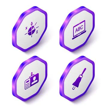 Set Isometric Trigonometric circle, Laptop, Identification badge and Ringing Illustrazione stock