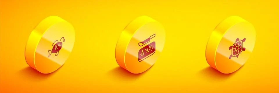 Set Isometric Tropical fish, Cutting board and knife and Turtle icon. Vector Illustrazione stock