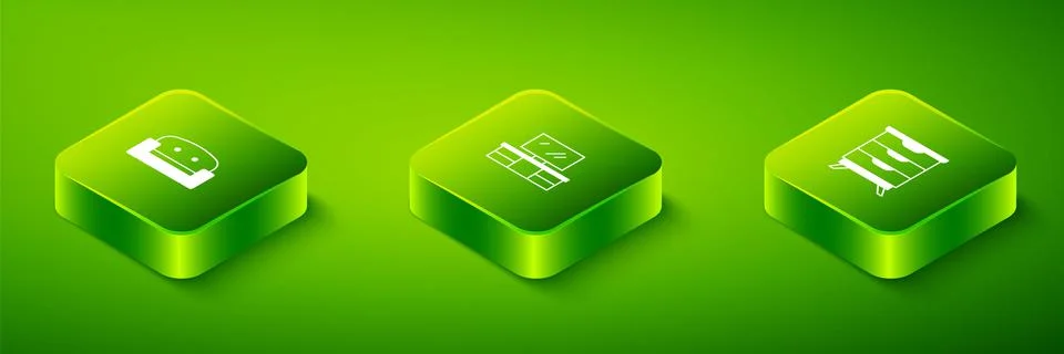 Set Isometric TV table stand, Furniture nightstand and Armchair icon. Vector Stock Illustration